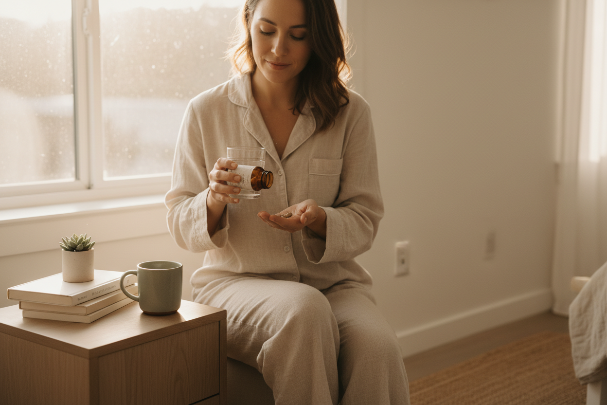 Create a lifestyle wellness image for a health and supplement brand. Show a calm morning routine with a person taking daily supplements or vitamins in a softly lit, neutral home setting. Use natural sunlight, warm tones, and a minimal environment like a kitchen or bedside table. The mood should feel peaceful, healthy, and trustworthy. Focus on real usage, subtle gestures, and a clean aesthetic with beige, white, and soft green colors. Leave space on one side for text placement.