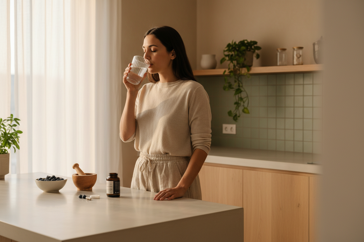 Include subtle actions like holding a glass of water, opening a supplement bottle, or preparing for the day. Use soft natural sunlight, warm neutral tones like beige, sage green, and off white, and a clean, modern environment. The mood should feel realistic, calm, and relatable, highlighting wellness as a simple daily habit. Leave clear space on one side for text.