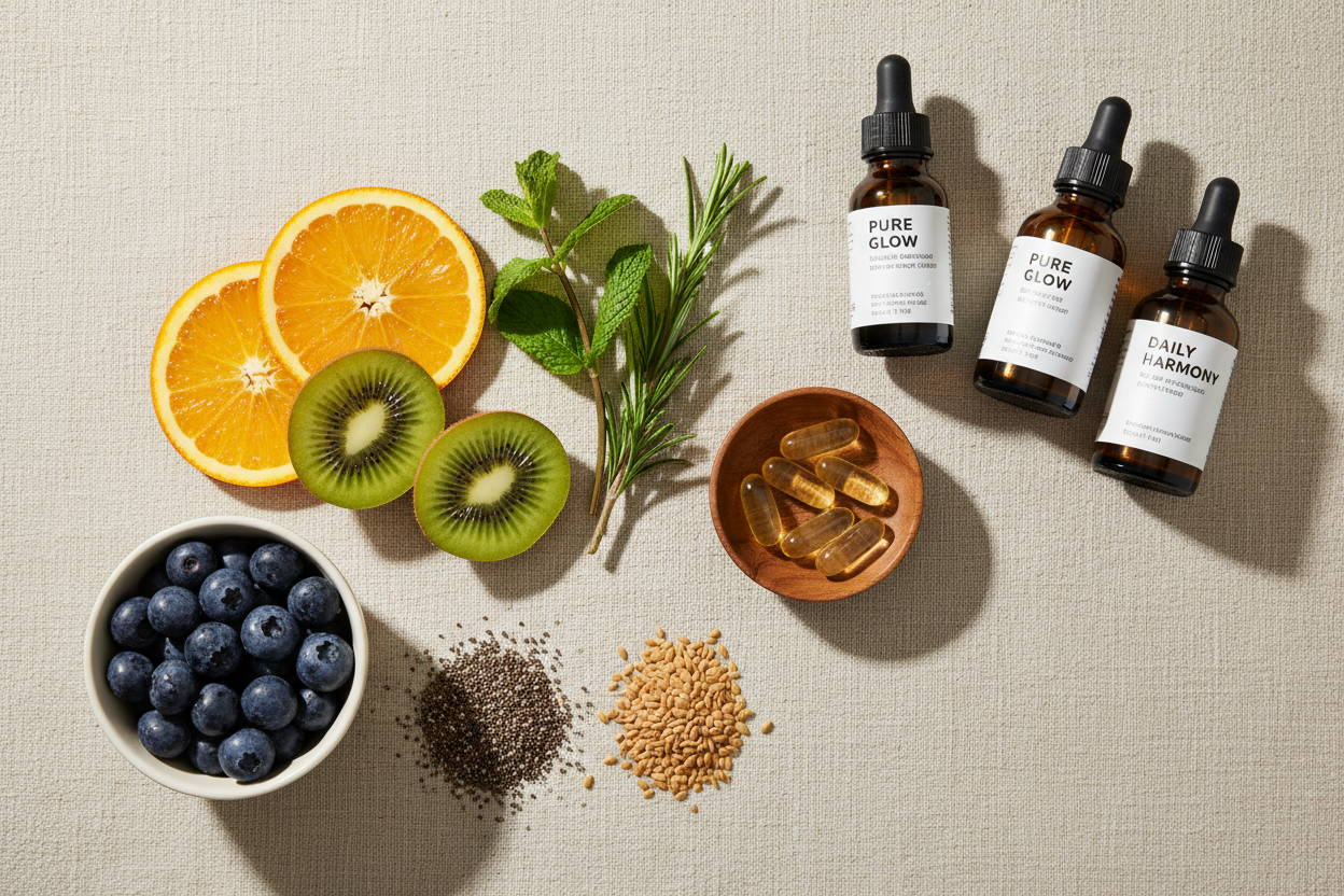 Show fresh, natural ingredients like fruits, herbs, seeds, and supplements arranged neatly on a light, minimal background. The mood should feel clean, healthy, and premium. Use soft natural lighting, realistic textures, and calm colors like green, beige, and white. The style should be modern and trustworthy, not clinical.