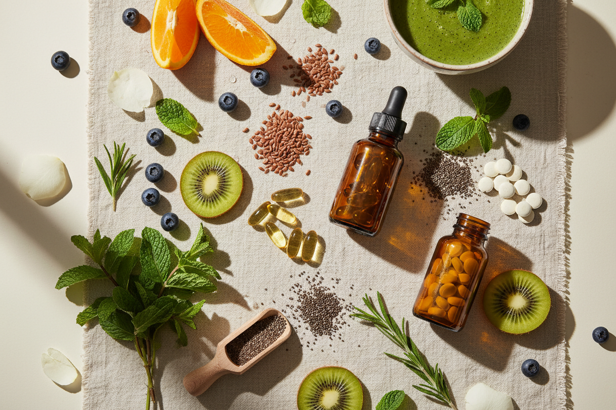 Show fresh, natural ingredients like fruits, herbs, seeds, and supplements arranged neatly on a light, minimal background. The mood should feel clean, healthy, and premium. Use soft natural lighting, realistic textures, and calm colors like green, beige, and white. The style should be modern and trustworthy, not clinical.